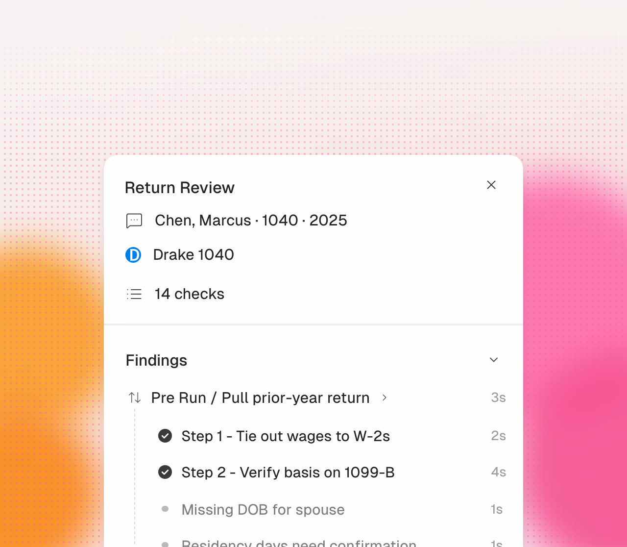 A return review panel with completed checks and open reviewer questions.