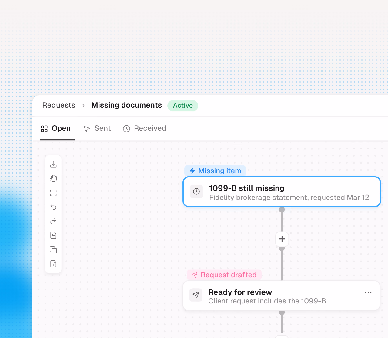 A missing document workflow with a client request drafted for review.