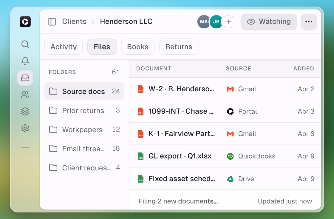One client workspace: source docs, books, returns, and threads together.