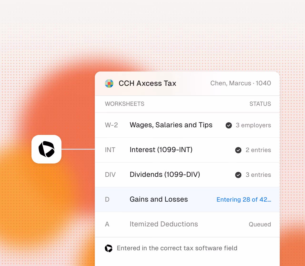 Cranston entering the return screen by screen in CCH Axcess Tax.