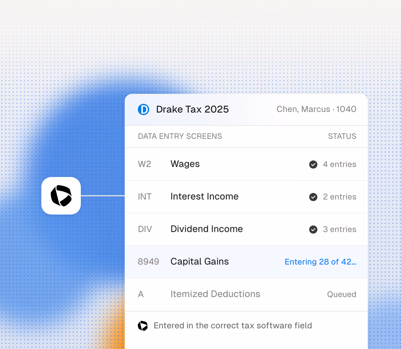 Cranston entering the return screen by screen in Drake Tax 2025.
