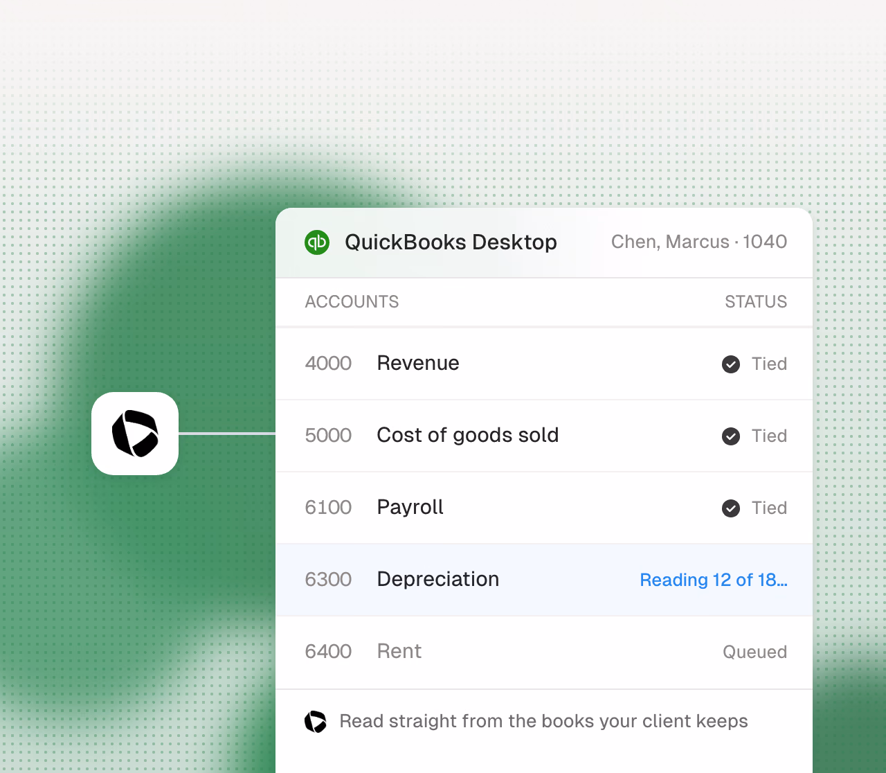 Cranston reading the QuickBooks Desktop company file account by account