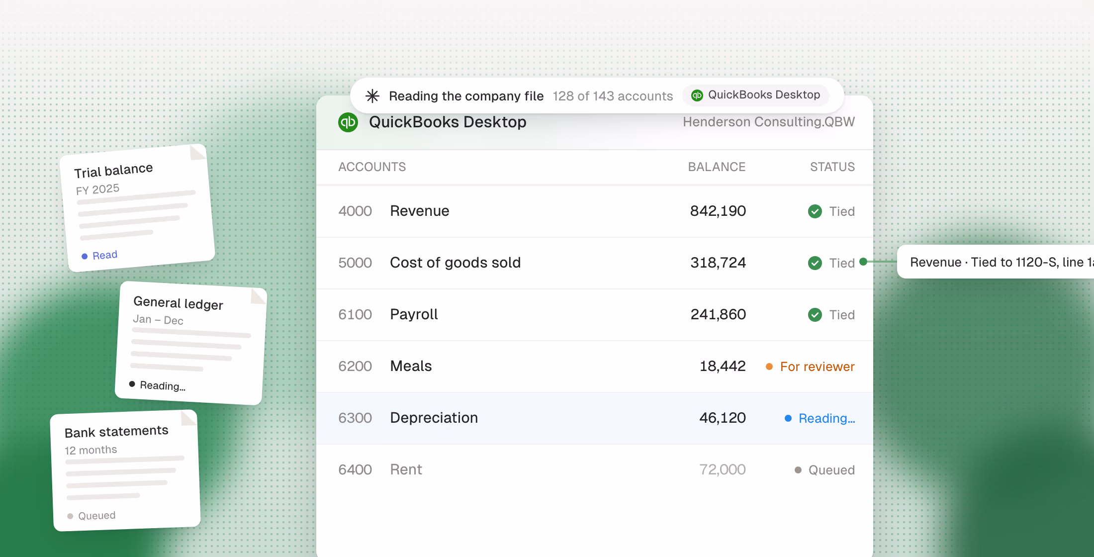 Cranston reading and tying accounts in QuickBooks Desktop.