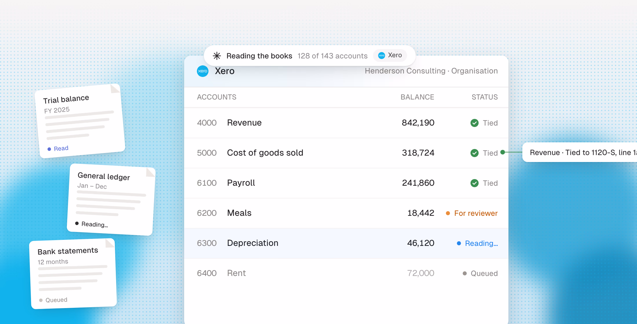 Cranston reading and tying accounts in Xero.