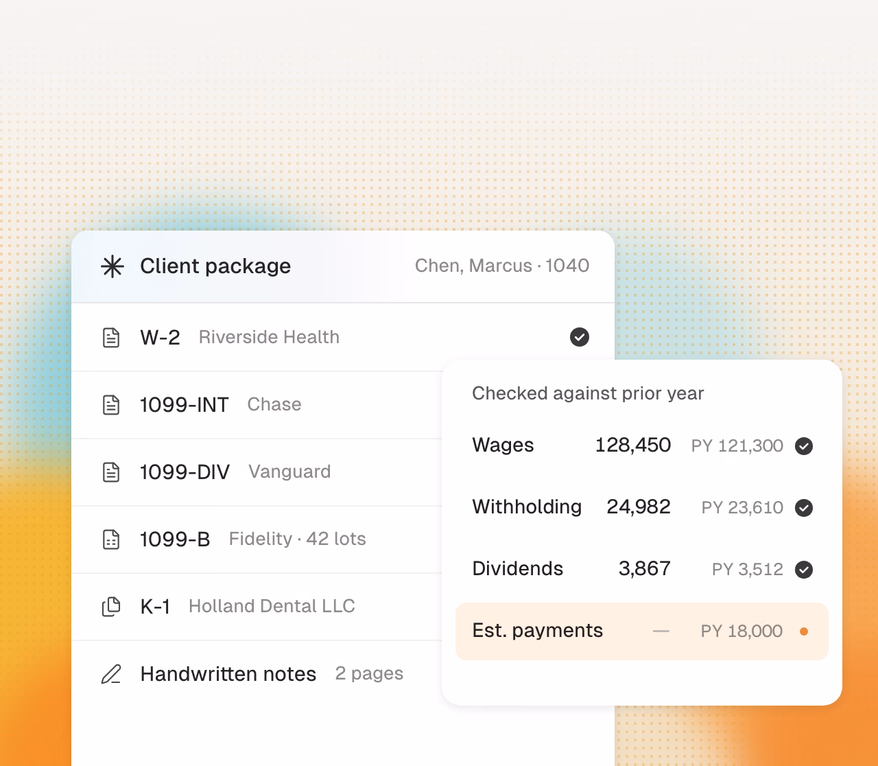 A client package checked document by document against the prior-year return.