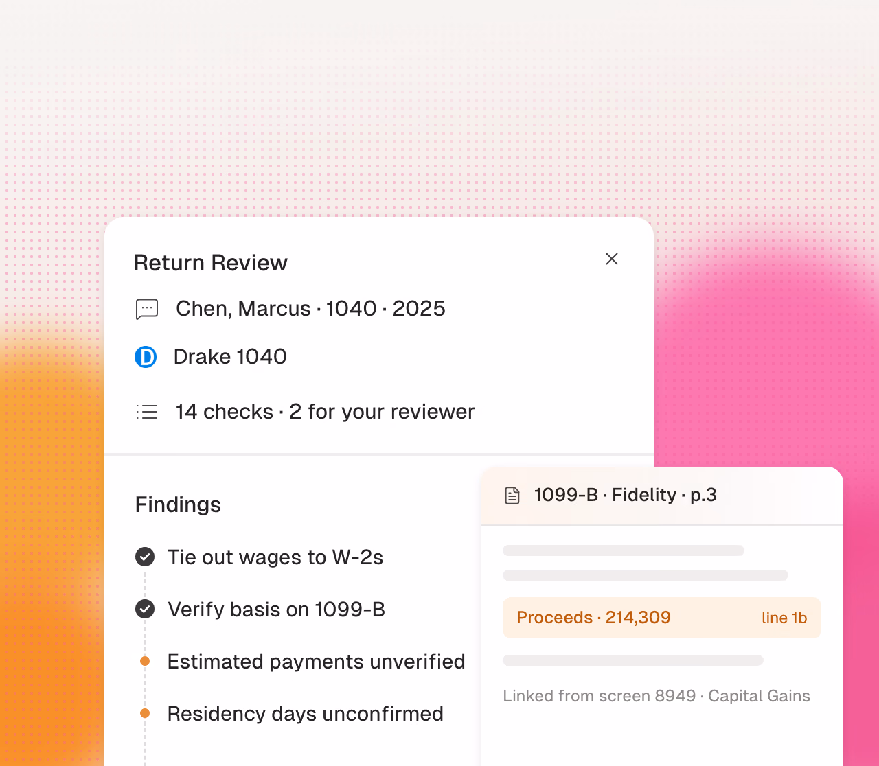 Return review findings for a Drake 1040 return, each flag linked back to its source page.
