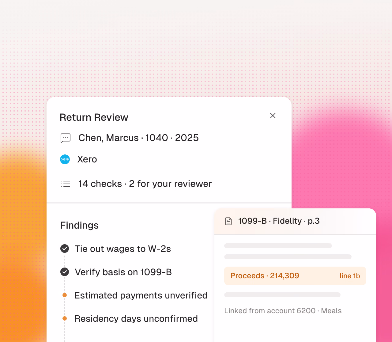 Return review findings for a Xero return, each flag linked back to its source page.