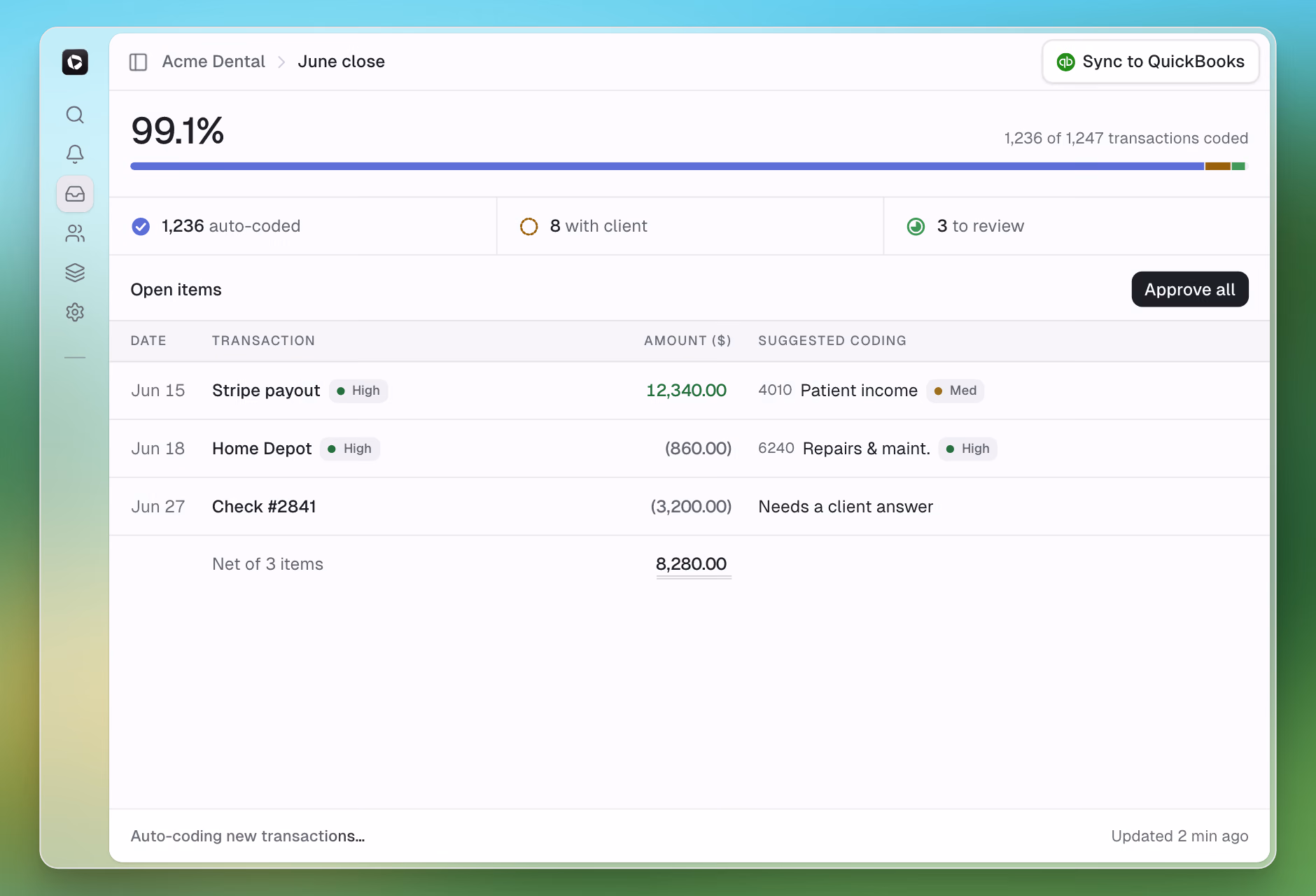 Month-close ledger: hero metric, stat strip, columnar approval table.