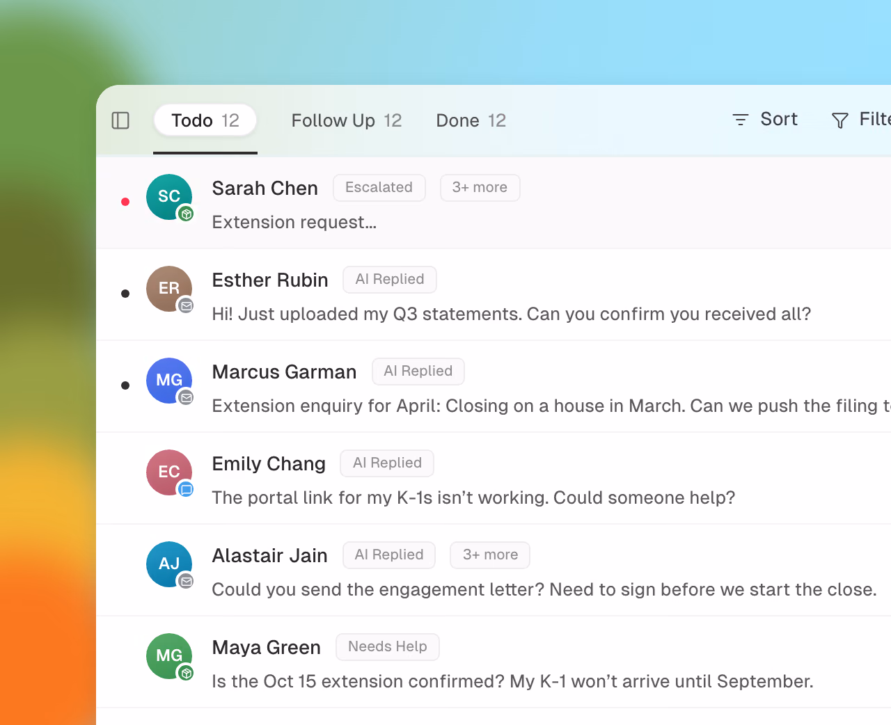 Client messages arriving by email, text, and portal in the Cranston inbox.