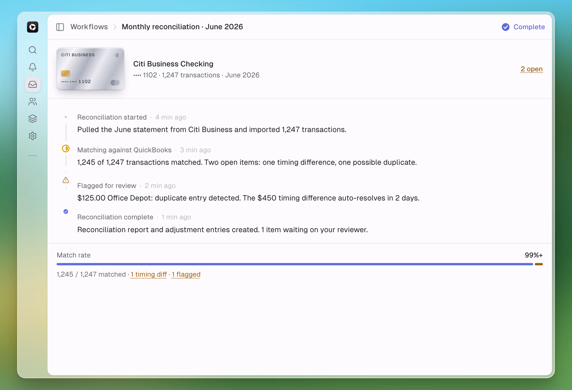 Reconciliation timeline: match against QuickBooks, flag, review.