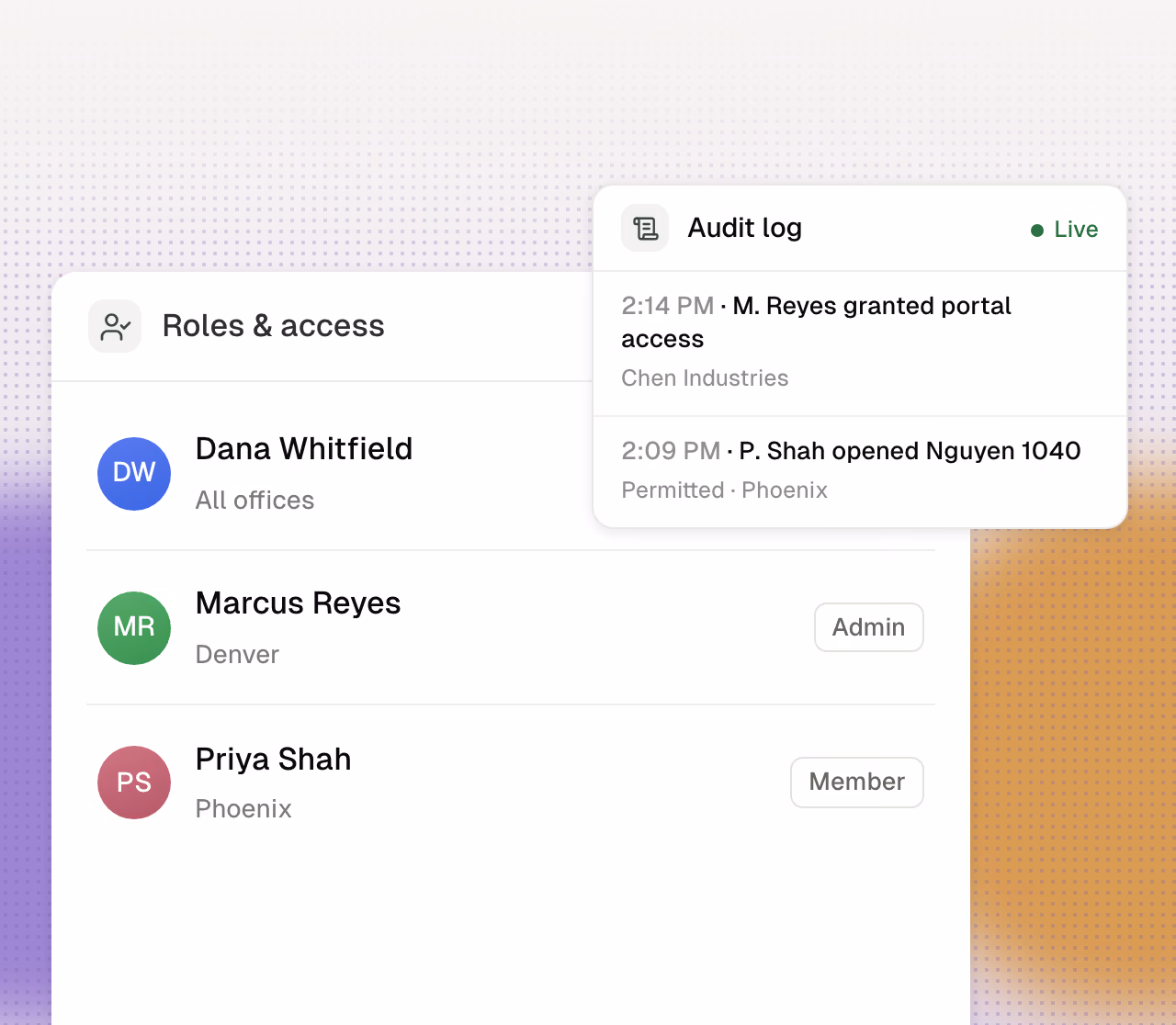 Owner, admin, and member roles scoped by office, with logging.