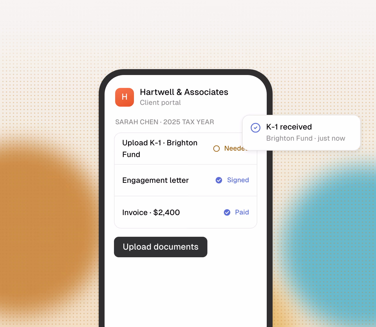 Client portal under the firm’s own name: requests, signature, invoice.