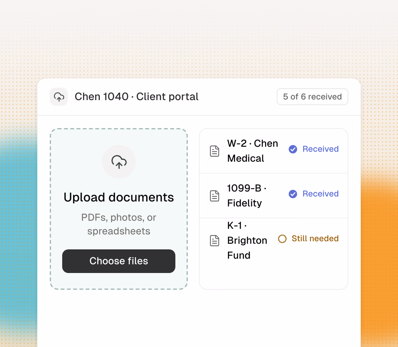Client upload action beside the live document request list.