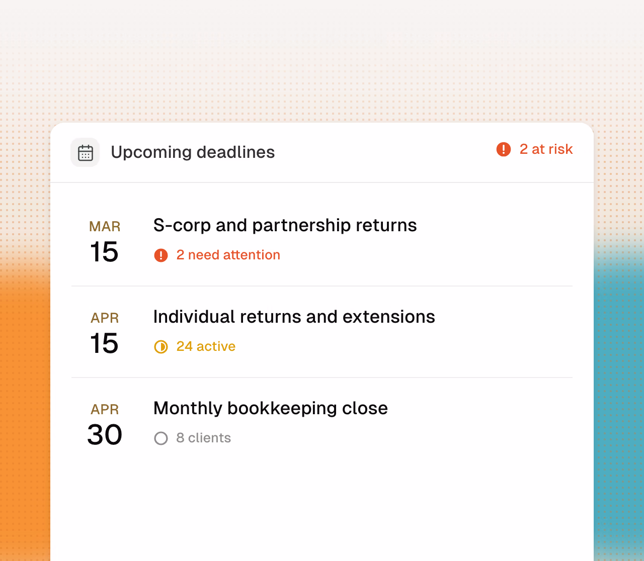 Filing calendar with active returns and deadlines at risk.