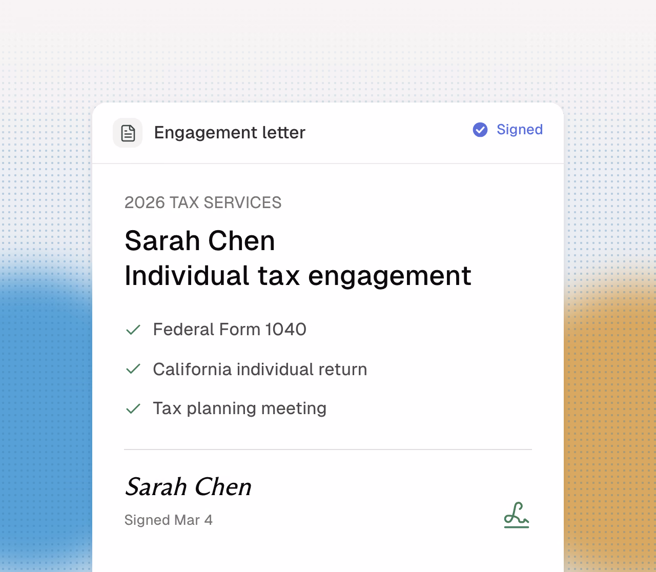 Signed individual tax engagement with the selected services.