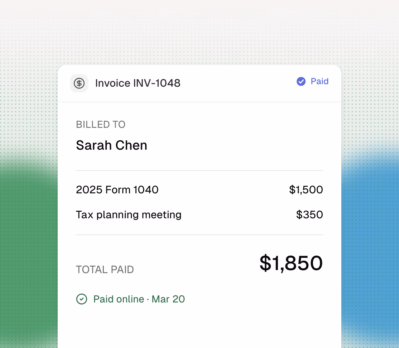 Paid client invoice with service lines and online payment status.