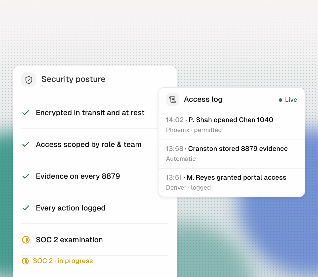 Security checklist: encryption, scoped access, evidence, logging.