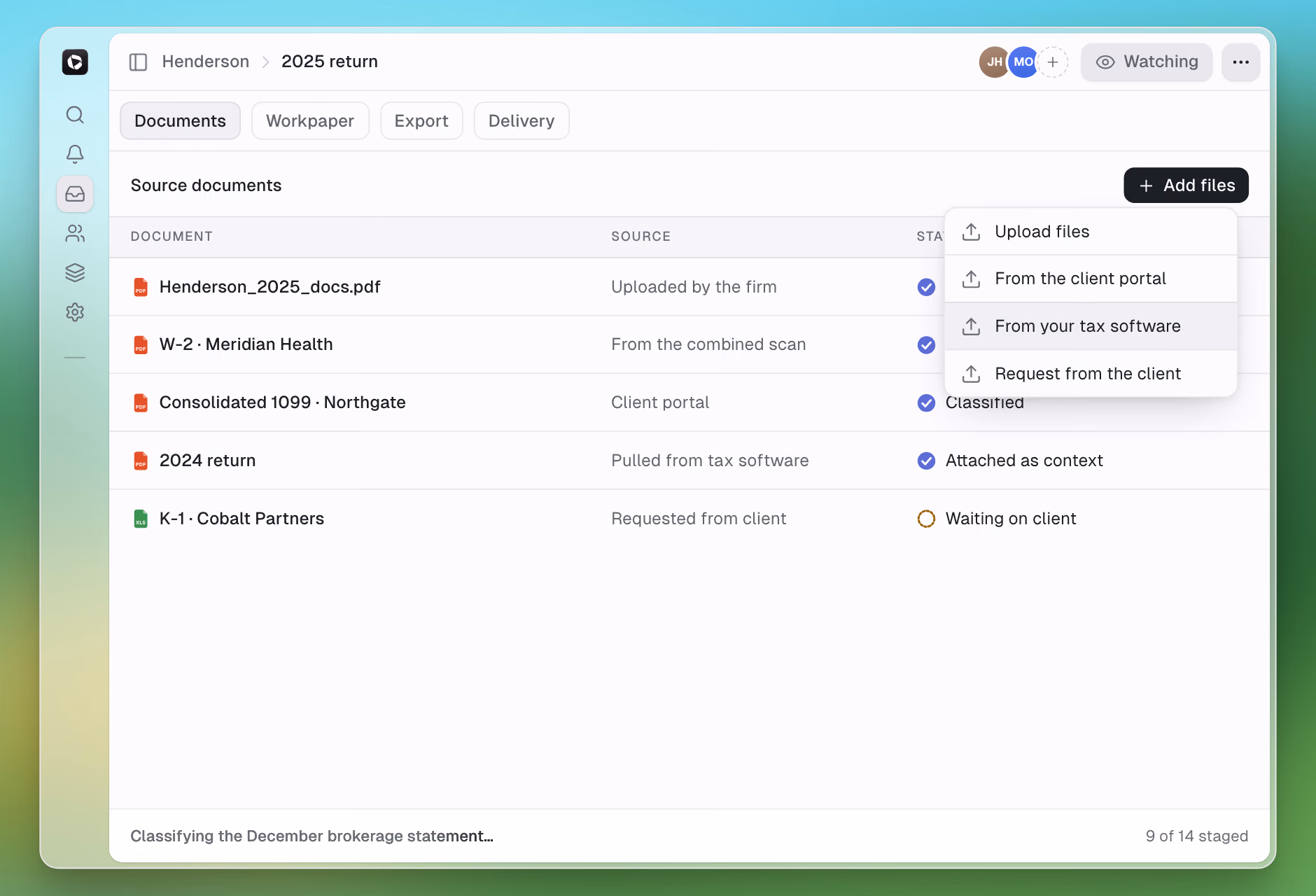Return documents stage: staged source-docs ledger with the add-files menu open.